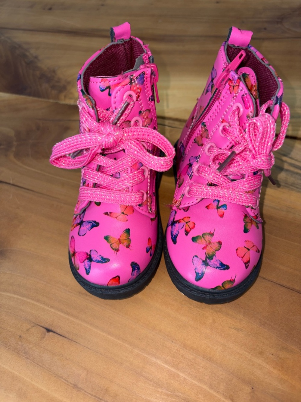 Girls' Hot Pink Butterfly Lace-Up Boots with Side Zip